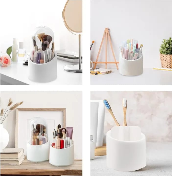 360° Rotating Makeup Brush Holder with Clear Dustproof Lid - Multi-Section Cosmetic Organizer Caddy - Image 3