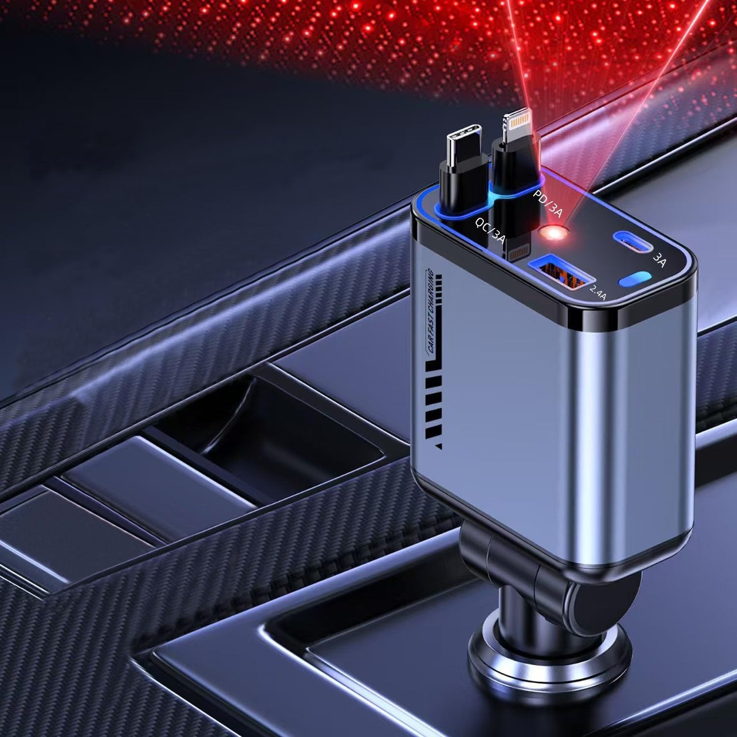 Compro 4-in-1 Retractable Car Charger 120W | Fast Charging USB Car Adapter for iPhone & Type-C Devices - Image 2