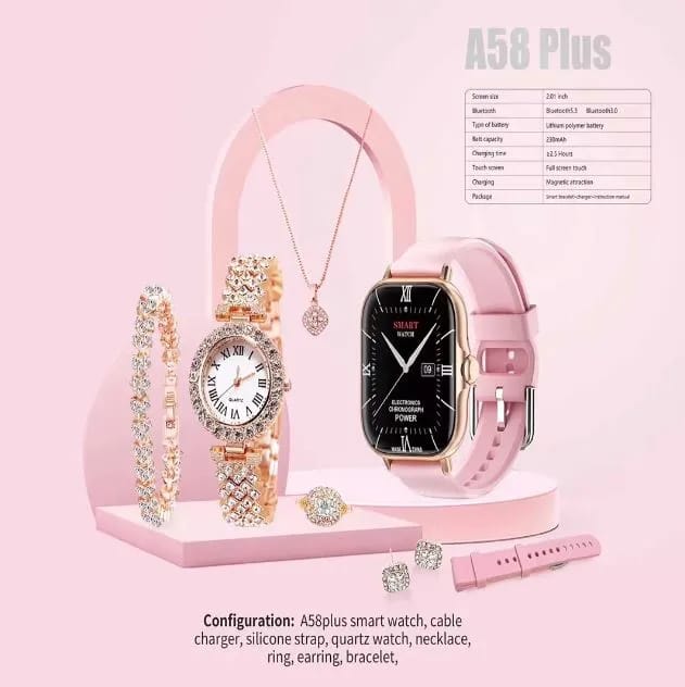 A58 Plus Smart Watch for Women - Touch Control, Bluetooth Fitness Tracker, BP Monitor, Bracelet & Jewelry Gift Set - Image 2