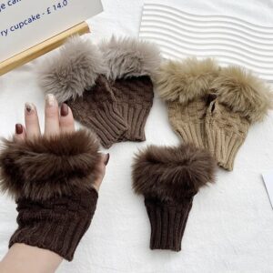 Women's Winter Fingerless Gloves - Plush Faux Fur & Knitted Wool Warm Half-Finger Mittens
