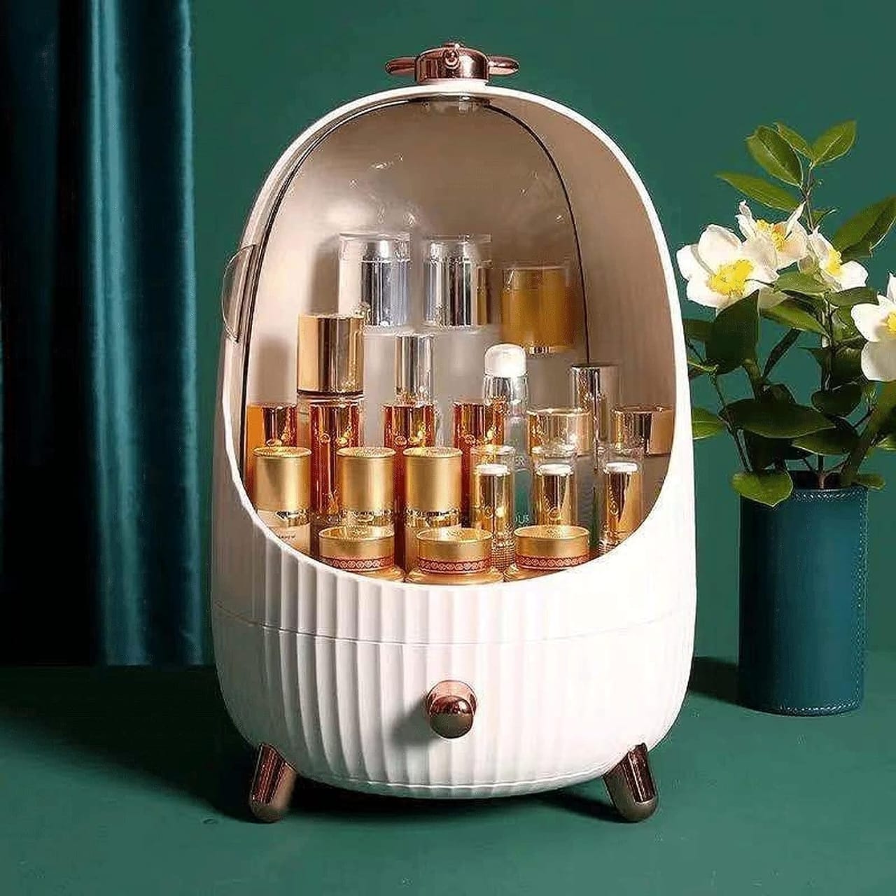 Egg-Shaped LED Cosmetic Storage Box - Dustproof & Waterproof Makeup Organizer with Drawer for Bathroom & Vanity