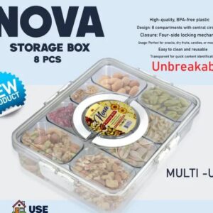 Nova 8-in-1 Snack Storage Container - Multi-Use Transparent Tray Organizer with Detachable Compartments & Lid