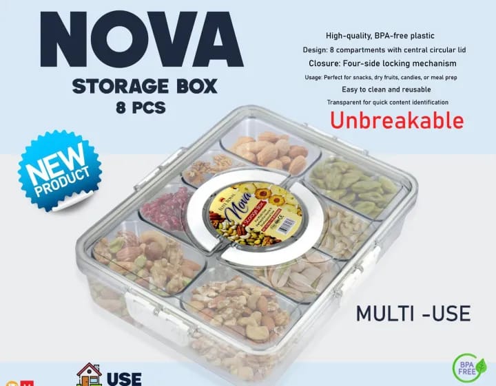 Nova 8-in-1 Snack Storage Container - Multi-Use Transparent Tray Organizer with Detachable Compartments & Lid