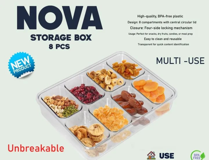 Nova 8-in-1 Snack Storage Container - Multi-Use Transparent Tray Organizer with Detachable Compartments & Lid - Image 2