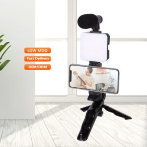 AY-49 Mini Flexible Selfie Stick Tripod with Microphone & LED Light - Professional Mobile Phone Camera Stand for Vlogging & Recording