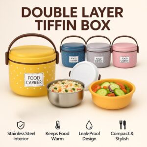 Double Layer Tiffin Lunch Box -Stainless Steel Food Carrier, Leak-Proof & Heat Retaining