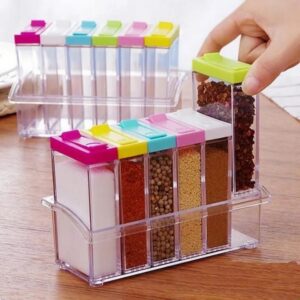 6-in-1 Spice Jar Organizer Set - Multi-Grid Seasoning Box with Colorful Lids & Clear Storage Containers
